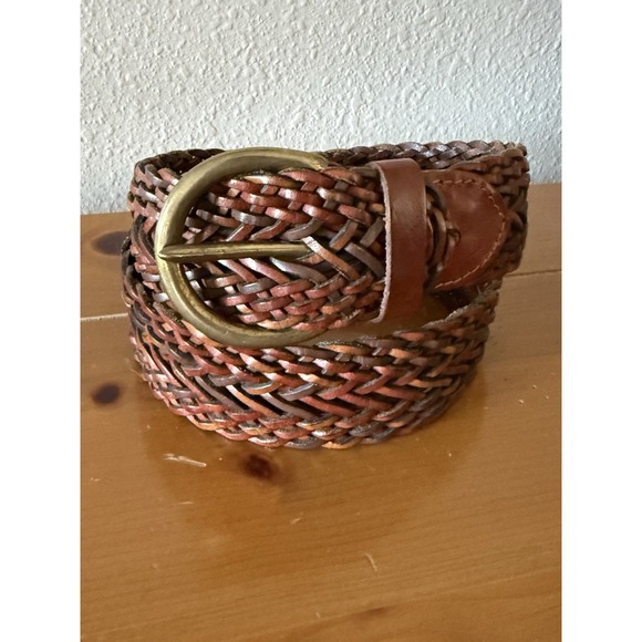 Vintage FOSSIL Genuine Leather Woven Belt Brass Tone Buckle SIZE M - Picture 1 of 5